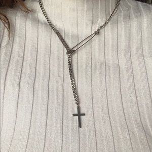 Dolls Kill Safety Pin Cross Silver Necklace